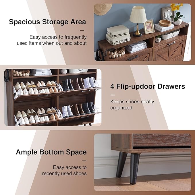Shoe Storage Cabinet,Farmhouse Shoe Organizer with 4 Flip Drawers & Barn Door Design,Freestanding Hidden Slim Narrow Shoe Rack Cabinet with Open Shelves for Entryway,Foyer,Hallway,Walnut-NeatNest
