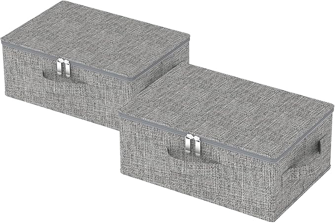 Blanket Bags with Lid, Foldable Underbed Storage Bins, Home Basket Container for Organizing Clothes, Shoes, Pillows, 14.9x10.2x5.9Inches, Grey, 2 Pack-NeatNest