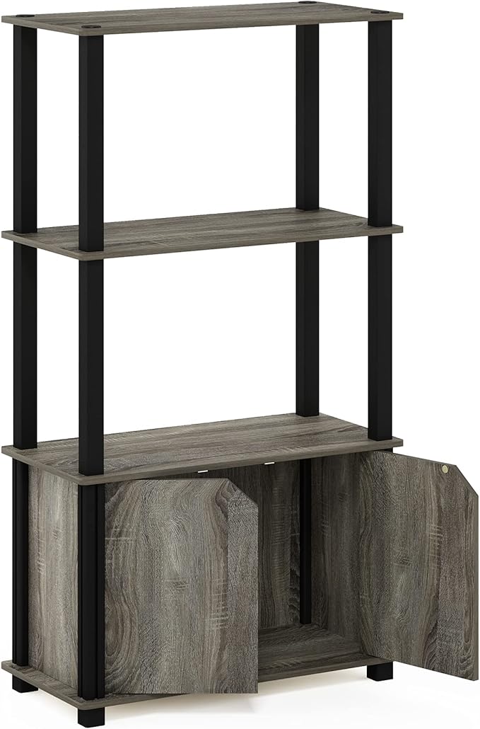 Furinno Brahms 4-Tier Multipurpose Bookcase/Bookshelf/Display Shelf/Display Rack with Door, French Oak Grey/Black-NeatNest