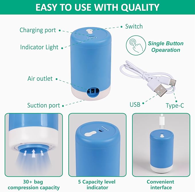 Cozy Essential Travel Vacuum Bags with Electric Pump, 6 Pack Vacuum Travel Bags for Luggage and Suitcase, Vacuum Seal Space Saver Compression for Clothes Clothing-NeatNest