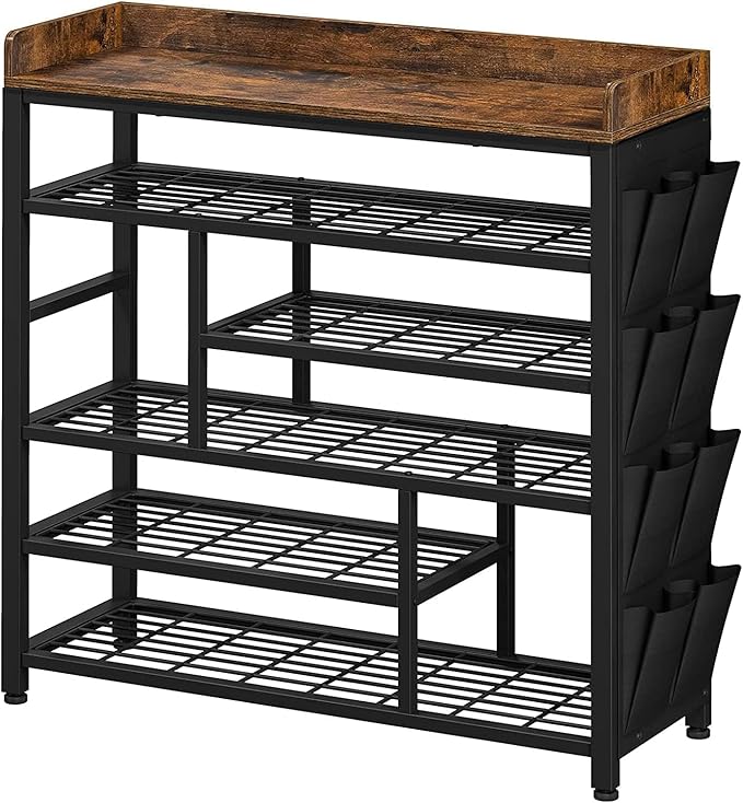 EnHomee Metal Shoe Rack for Entryway, 6 Tier Shoe Storage Organizer Holds 22 Pairs, Wooden Top and Side Pocket for Entry, Entrance, Hallway, Black-NeatNest