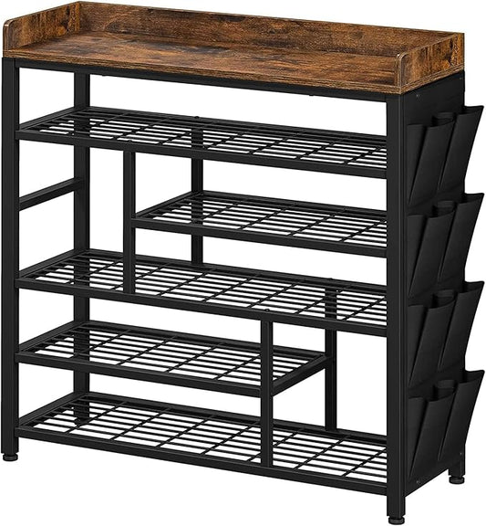 EnHomee Metal Shoe Rack for Entryway, 6 Tier Shoe Storage Organizer Holds 22 Pairs, Wooden Top and Side Pocket for Entry, Entrance, Hallway, Black-NeatNest