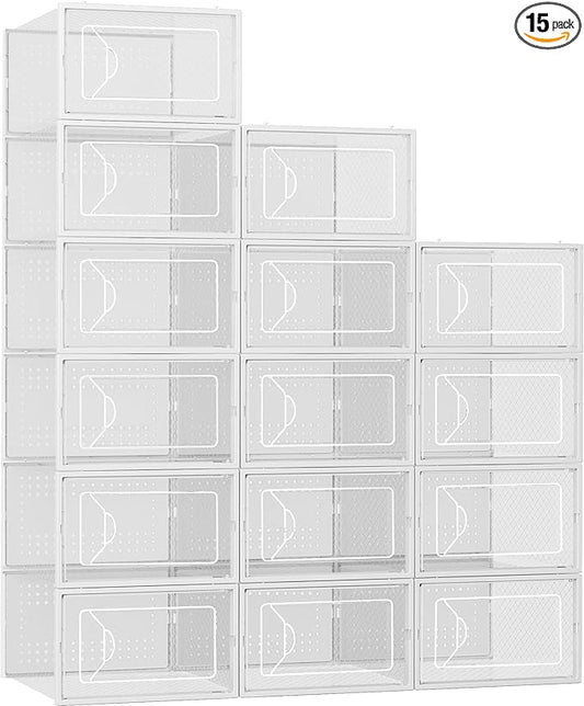 Shoe Storage Box, 15 Pack Clear Plastic Stackable Shoe Organizer for Closet, Interlocking Design Shoe Container Bins for Sneakers, Foldable Shoe Rack with Lids, White-NeatNest