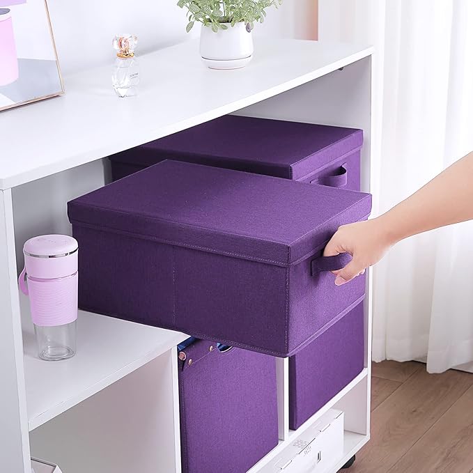HOONEX Storage Bins with Lids for Organizing, Pack of 2, Storage Boxes with 2 Carry Handles and Sturdy Heavy Cardboard, 16.5" L x 11.8" W x 7.5" H for Shoes, Books, Clothes, Nursery, Dark Purple-NeatNest
