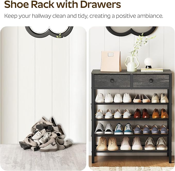 5 Tier Shoe Rack, Large Capacity Shoe Storage Organizer, Metal Shoe Shelf with Drawer and Wooden Top, for 20 Pairs of Shoes, for Entryway, Closet, Charcoal and Black SS25BCY1-NeatNest