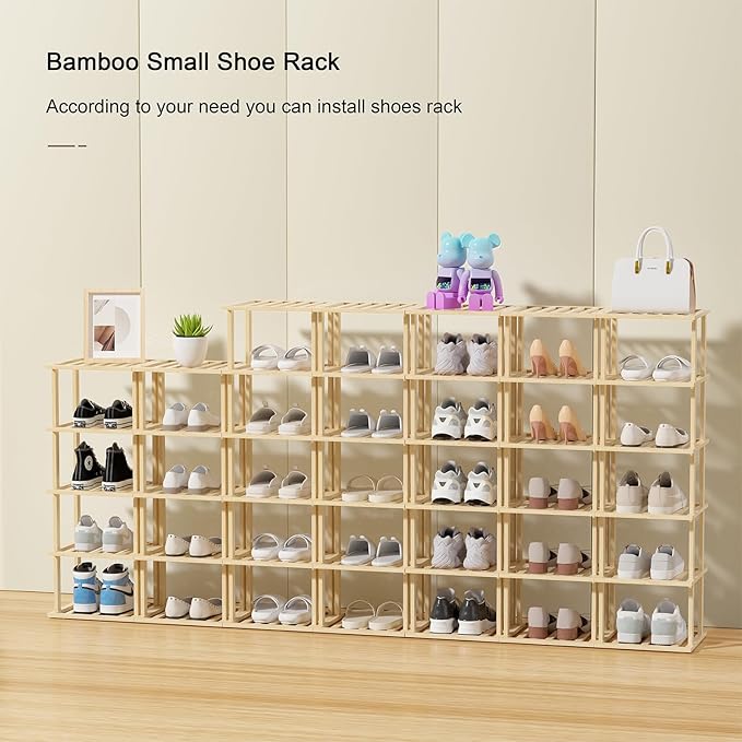 6-Tier Bamboo Shoe Rack - Vertical Shoe Rack for Small Spaces, Tall Narrow Shoe Rack Organizer for Closet Entryway Corner Garage and Bedroom,Free Stackable DIY，Primary Colours-NeatNest