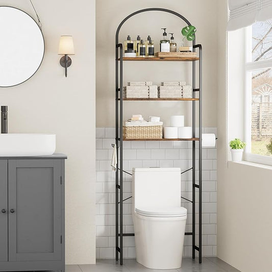 Homhedy 3-Tier Over The Toilet Storage with 4 Hooks and Paper Holder, Space Saving, Bathroom Organizer with Adjustable Feet, Metal Frame and Wooden Shelf,Rustic Brown and Black