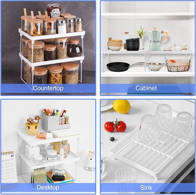 NiHome 4-Pack Stackable Plastic Kitchen Storage Shelf Foldable Rack - White Kitchen Cabinet Organizer and Storage Shelves Stackable Expandable Storage Racks for Counter Cabinet Pantry-NeatNest
