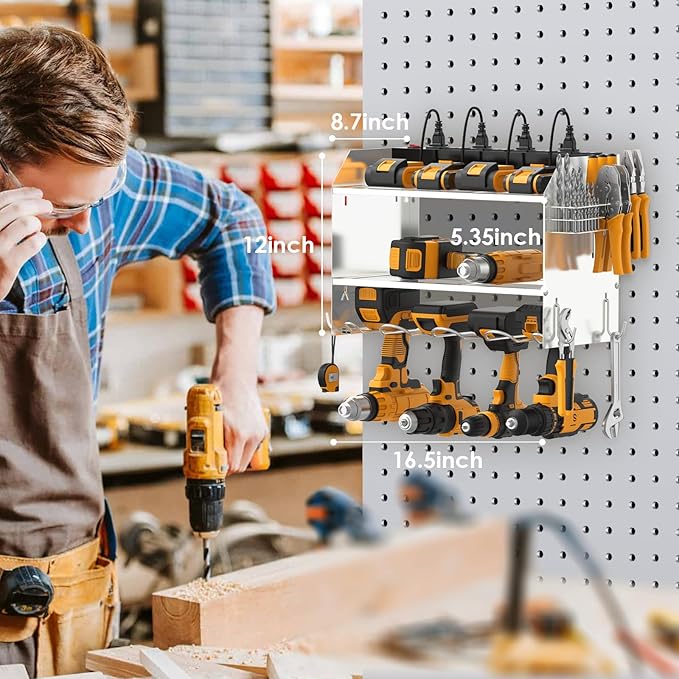 CCCEI Modular Power Tool Organizer Wall Mount with Charging Station. Garage 4 Drill Storage Shelf with Hooks, Drill Bit Heavy Duty Rack, Silver Tool Battery Holder Built in 8 Outlet Power Strip.-NeatNest