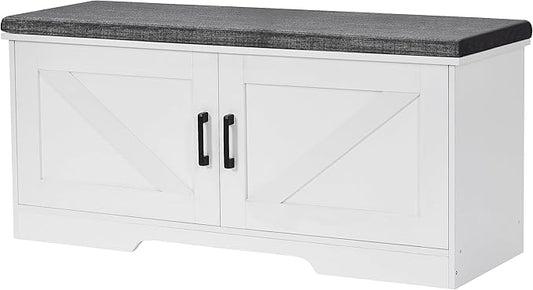 2-Tier Storage Bench, Shoe Bench with Padded Seat Cushion, Entryway Bench with 2 Barn Doors, Adjustable Shelf, 13.8" D x 39.4" W x 17.7" H, for Entryway, Living Room, Bedroom, White-NeatNest