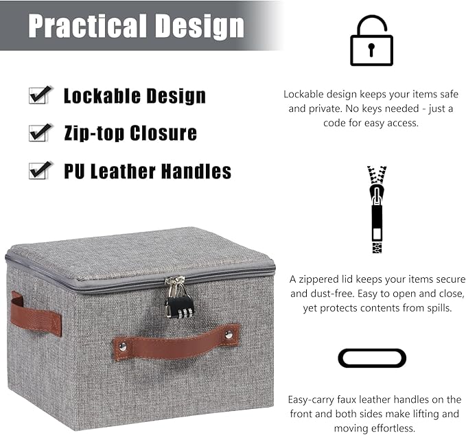 2PCS Storage Bins Boxes with Zipper Lid Combination Lock PU Leather Handle Cotton Linen Fabric Lidded Lockable Basket Foldable Washable Closet Shelf Organizer Container (Light Gray, Small)