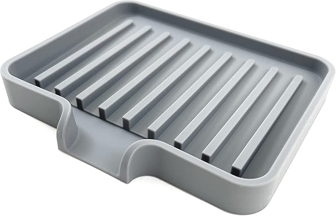 Happitasa Silicone Soap Dish Tray and Sponge Holder with Drain Chute, Pack of 2 | Bathroom and Kitchen Sink Organizer Caddy (Grey, 5.2"x4", 7.2 Ounces)-NeatNest