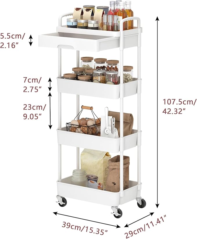 Dttwacoyh 4-Tier Rolling Cart，Trolley with Drawer, Kitchen Storage Organizer with Plastic Shelf & Metal Wheels, Storage Cart for Living Room, Kitchen, Office, Bathroom, White