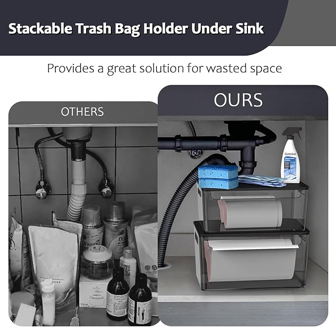 2 Pack Trash Bag Holder Under Sink Stackable, Plastic Garbage Bag Dispenser with Lid, Trash Bag Storage Dispenser Roll Holder for Kitchen, Pantry, Laundry Room Organization (Black)-NeatNest