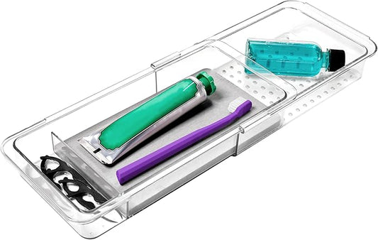 madesmart Expandable Dental Tray Drawer Organizer with Drying Stone, Clear Plastic Drawer Organizer for Toothbrush, Dental Floss, Water Flosser, Mouthwash-NeatNest