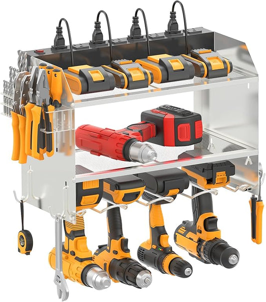 CCCEI Modular Power Tool Organizer Wall Mount with Charging Station. Garage 4 Drill Storage Shelf with Hooks, Drill Bit Heavy Duty Rack, Silver Tool Battery Holder Built in 8 Outlet Power Strip.-NeatNest