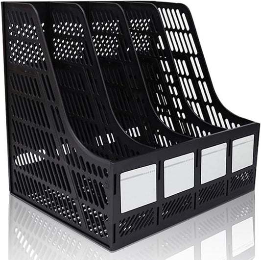Lemical File Holder Desktop Filing File Box 4 Compartments Vertical File Organizer Magazine Rack Book Holder Frames Binder Holder for Home Office School (Black)