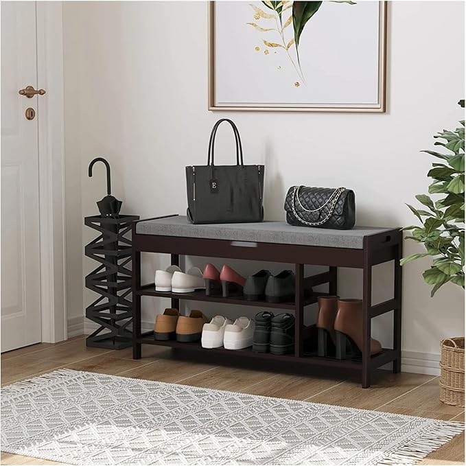 HIFIT Bamboo Shoe Bench Rack with Storage, Entryway Storage Bench with Padded Seat, Shoe Oiganizer Shelf for Entryway Mudroom Bathroom Foyer, Vintage