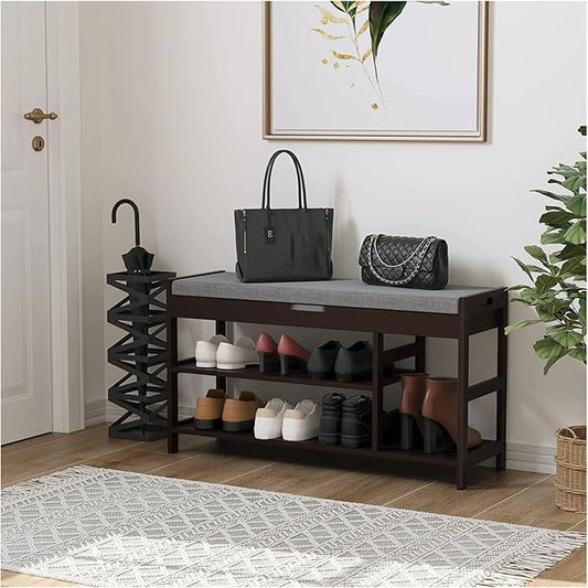 HIFIT Bamboo Shoe Bench Rack with Storage, Entryway Storage Bench with Padded Seat, Shoe Oiganizer Shelf for Entryway Mudroom Bathroom Foyer, Vintage