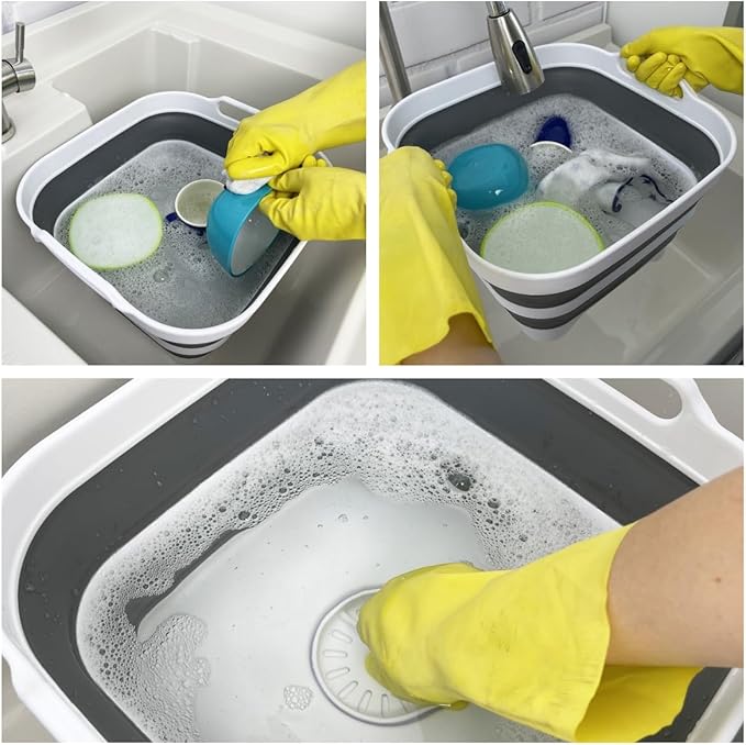 SAMMART 10L (2.64 Gallon) Collapsible Dishpan with Draining Plug-Foldable Washing Basin-Portable Dish Washing Tub-Space Saving Kitchen Storage Tray for Camping & RV (1, White/Steel Grey)