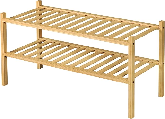 2 Tier Bamboo Shoe Rack for Closet Free Standing Wood Shoe Shelf for Entryway Small Space Stackable 27"x11"x13" (Natural)-NeatNest