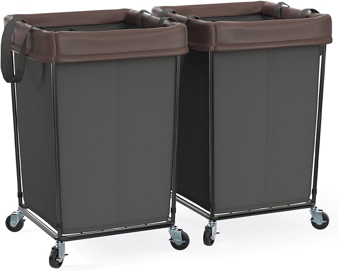 Laundry Hamper with Wheels, Laundry Basket with Wheels Laundry Sorter Cart, Narrow Slim Clothes Hamper Organizer with Sturdy Metal Frame (Black-2 Section-2PK, Large)