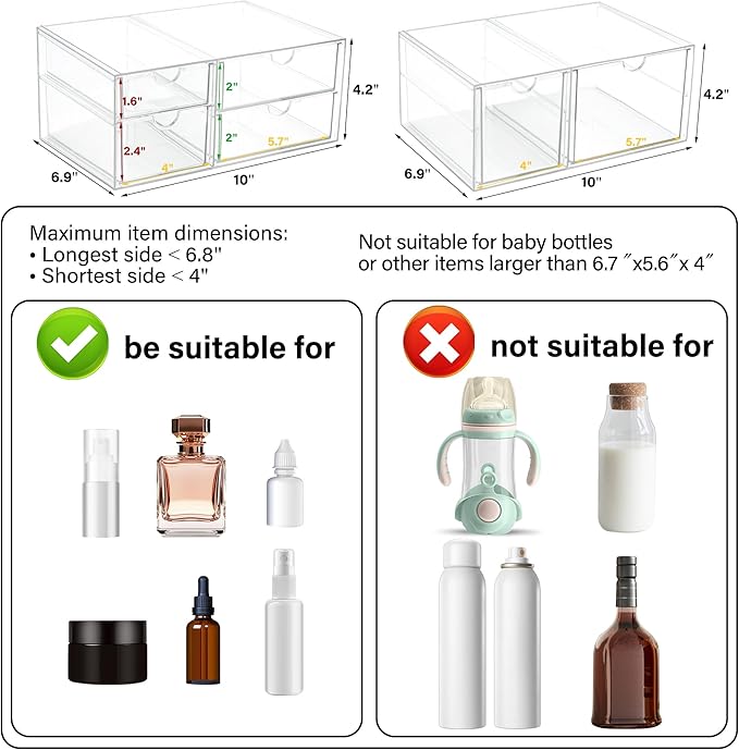 Prsildan Acrylic Drawer Makeup Organizer with 6 Drawers, Set of 2 Office Desk Organizers Accessories, Clear Stackable Storage Drawers for Vanity, Craft, Not for Baby Bottle (Largest Drawer 4" Tall)-NeatNest