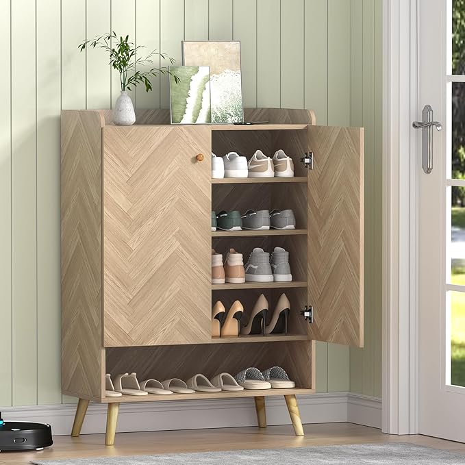 Anmytek Accent 6-Tier Wooden Shoe Cabinet with Adjustable Shelves and Doors, Farmhouse Storage for Entryway or Hallway
