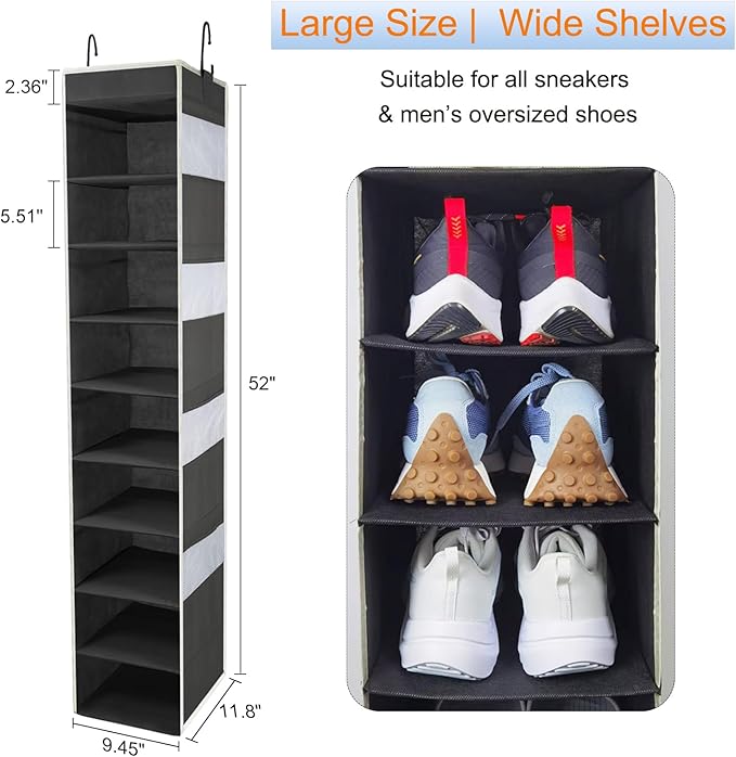 2 Pack Large-Sized Hanging Shoe Organizer 10-Shelf, Sturdy Hanging Closet Organizer with 8 Side Pockets, Wider Hanging Shelves for Storage Shoes Clothes Jeans Shirts Toys, Black-NeatNest