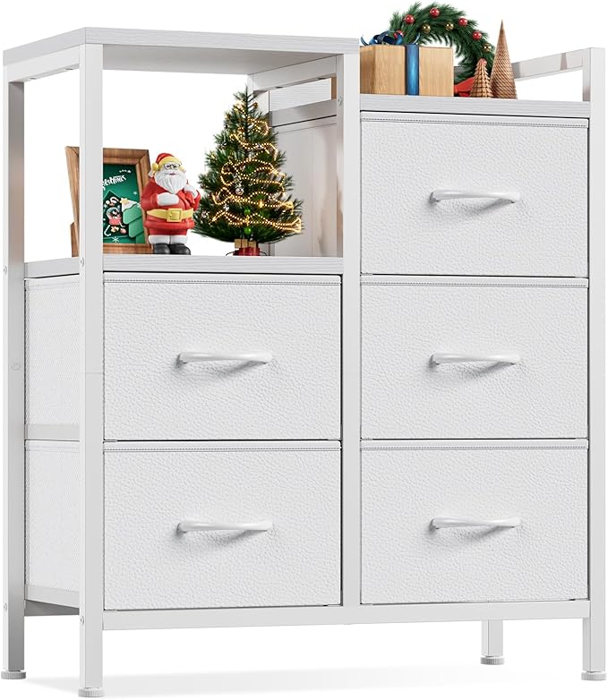 Furnulem 5 Drawer White Dressers for Bedroom 2 Tier Shelf Storage Small Fabric Dresser for Closet Sturdy Metal Frame Modern Style Storage Cabinets Organization Units for Hallway Rooms-NeatNest