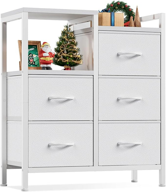 Furnulem 5 Drawer White Dressers for Bedroom 2 Tier Shelf Storage Small Fabric Dresser for Closet Sturdy Metal Frame Modern Style Storage Cabinets Organization Units for Hallway Rooms-NeatNest