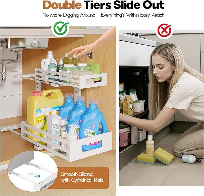 1-Pack Under Sink Organizers and Storage,2-Tier L Shape Pull Out Cabinet Organizer With Round Tube Slide Rails,Hight Adjustable Slide Out Drawers for Kitchen&Bathroom,Multi-Purpose Storage Shelf-White-NeatNest