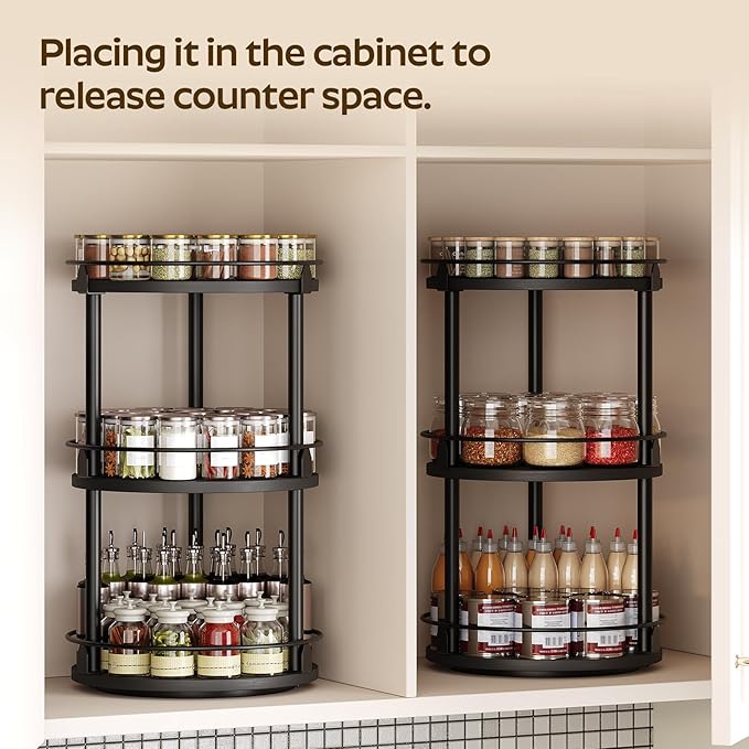 3-Tier Lazy Susan Organizer, Rotating Spice Rack, Spinning Organizer, Industrial Turntable Spice Rack Organizer for Cabinet, Kitchen Countertop, Pantry, Black SR23BK-NeatNest
