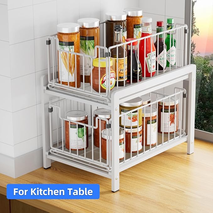 2 Tier Sliding Basket Drawer Organizer, Pull Out Under Sink Cabinets Organizers, Metal Home Shelf for Bathroom or Kitchen, Sliding Countertop or Pantry Storage Shelf, Large White-NeatNest
