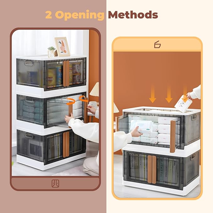 3 Pack 8.4 Gallon Collapsible Storage Boxes, Lidded Storage Box with Door and Wheels for Books, Towels and Clothes, Folding Storage Box for Home, White