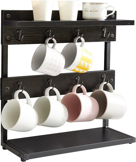 IBUYKE Rustic Coffee Mug Holder Stand, 2 Tier Countertop Mug Tree Holder Rack with Storage Base, Vintage Mug Holders for Kitchen, Holds 8 Mugs, Black UTBJ002B-NeatNest