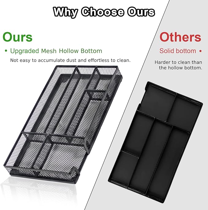 Desk Drawer Organizer Tray, Metal Mesh Drawer Office Drawer Organizer w/6 Compartment, Small Desk Organizer Tray for Home Office School Supplies, Desktop, 11X 6 X 1.45in, Black-NeatNest
