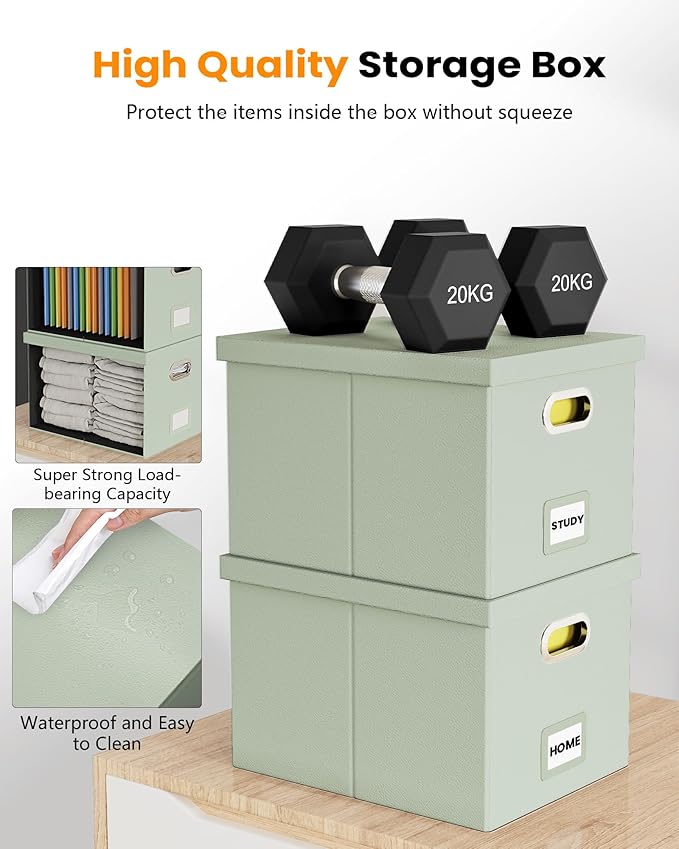 2 Pack File Storage Organizer Box,Filing Box,Portable File Box with Lid,Fit for Letter/Legal File Folder Storage, Grey-green(Leather)-Box only