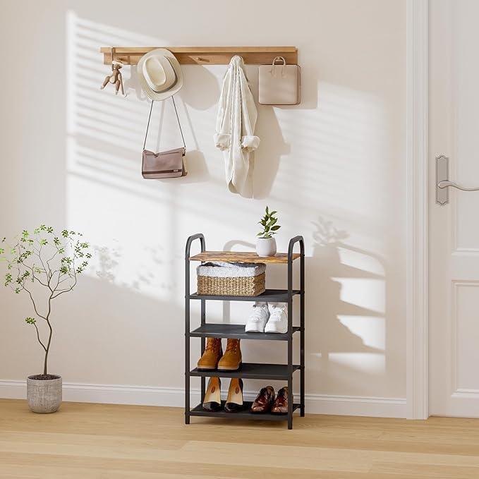 5-Tier Shoe Rack, with Heavy-Duty Metal Grid, Rustic Wooden Top, & Metal Guardrails - Transform Your Space with Style and Functionality Living Room, Kitchen, Bedroom, Garage, & Bathroom-NeatNest