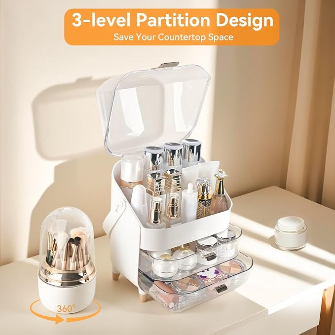 Brothersbox Makeup Organizer Countertop, Skincare Organizers with Clear Lid & 2 Drawers and Brush Holder, Make up Organizers for Vanity, Cosmetic Organizer for Bathroom Counter Dresser (White)