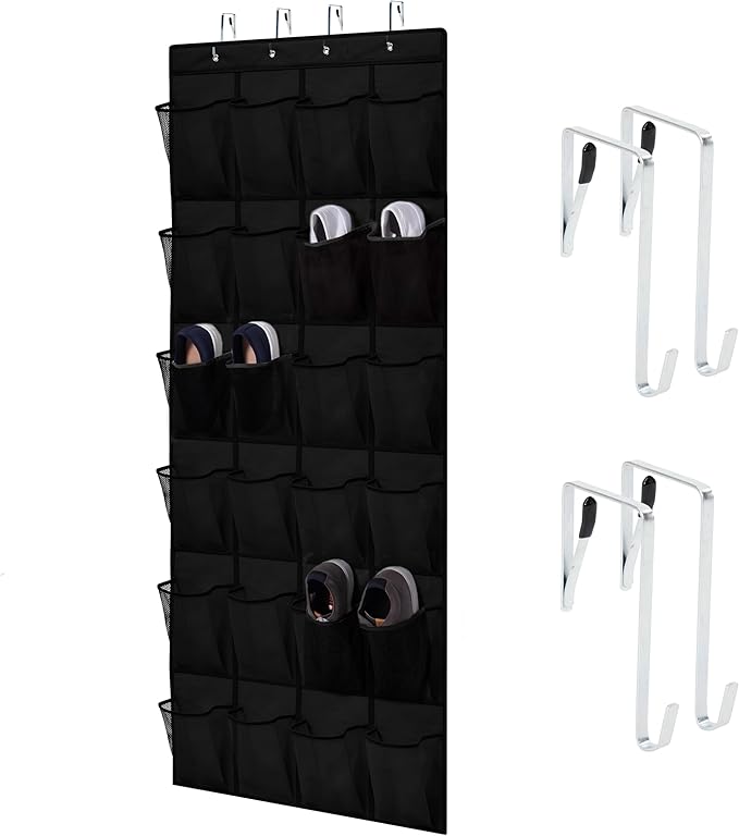 HOME GENIE Over the Door Hanging Shoe Organizer, 24 Breathable Mesh Pockets, Closet Rack Storage Holder, Stay in Place Hooks Hang on Closets, Hanger Holds Up to 40 lbs for Shoes, Accessories, Black-NeatNest