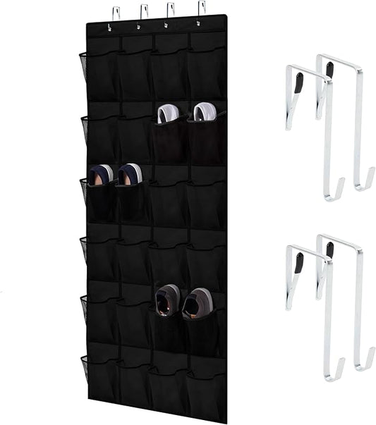 HOME GENIE Over the Door Hanging Shoe Organizer, 24 Breathable Mesh Pockets, Closet Rack Storage Holder, Stay in Place Hooks Hang on Closets, Hanger Holds Up to 40 lbs for Shoes, Accessories, Black-NeatNest