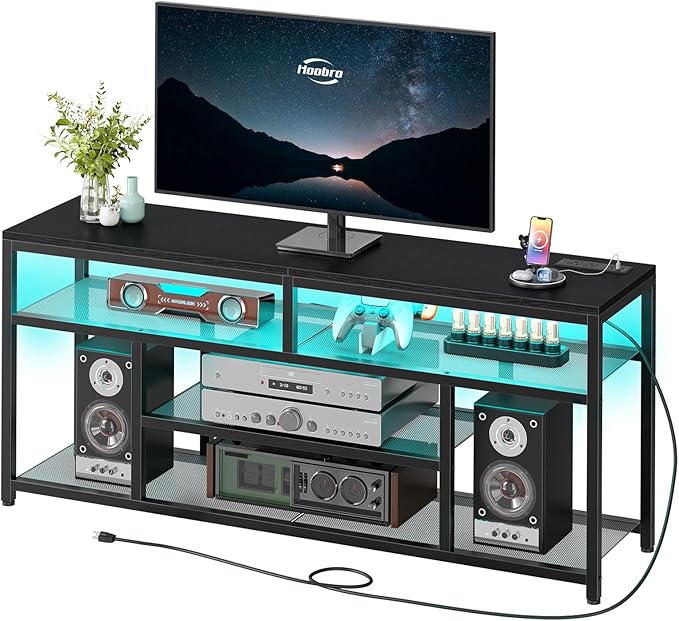 HOOBRO LED TV Stand with Charging Station, 4-Tier Entertainment Gaming Center, Modern Media Console Table, Open Shelves, 55.1"L x 13.8"W x 26.2"H, for TVs up to 65", for Living Room, Black BB47UDDS01-NeatNest