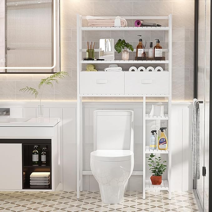 Homykic Over The Toilet Storage Shelf with 2 Fabric Drawers, Bamboo Above Toilet Organizer Tower Rack with Toilet Paper Holder Stand, Bathroom Space Saver, Mass Storage, No Rust, White
