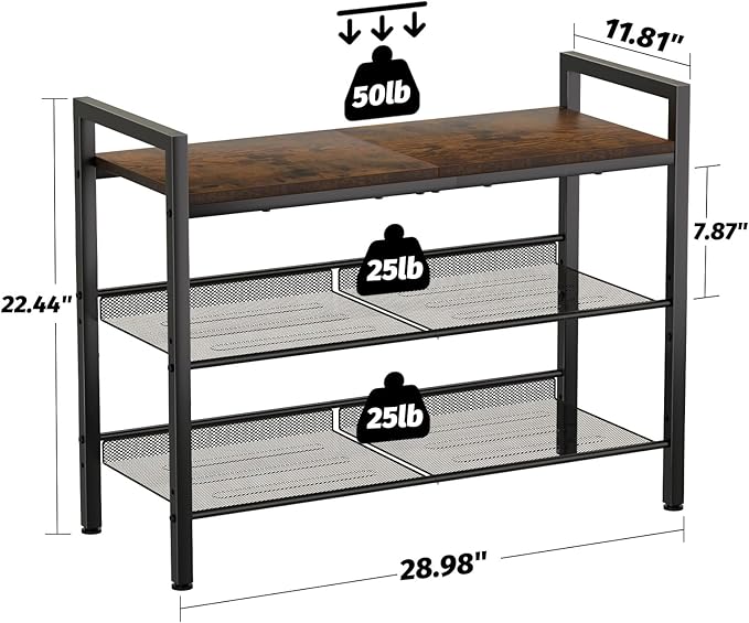 Shoe Rack for Front Door Entrance, 3 Tier Shoe Rack for Entryway, Shoe Shelf for Closet, Metal Shoe Rack Organizer with Sturdy Wooden Top & Steel Frame,(Black+Rustic Brown)-NeatNest