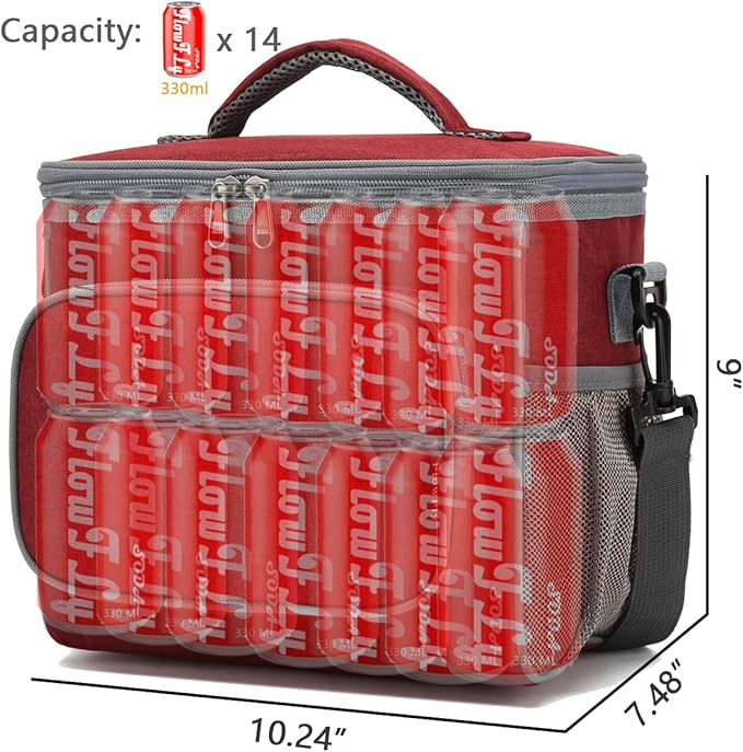 FlowFly Insulated Reusable Lunch Bag Adult Large Lunch Box for Women and Men with Adjustable Shoulder Strap,Front Zipper Pocket and Dual Large Mesh Side Pockets,Red-NeatNest