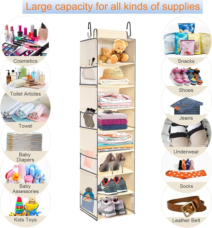 2 Pack Large-Sized Hanging Shoe Organizer 8-Shelf, Hanging Closet Organizer with 8 Side Pockets, Wider Hanging Shelves for Storage Shoes Clothes 9" W × 11.8" D× 48" H, Beige.-NeatNest