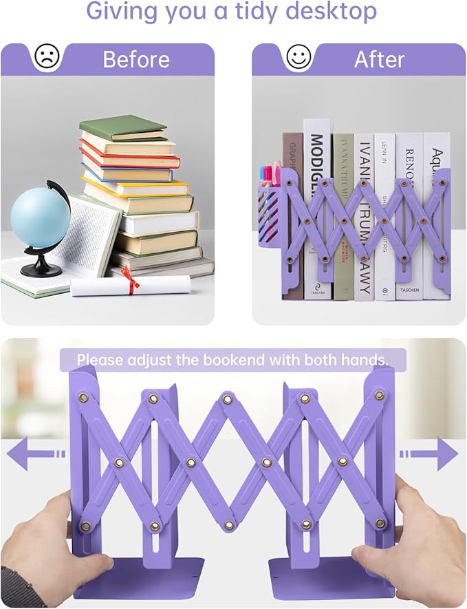 Honagu Adjustable Bookends, Metal Book Ends for Shelves Heavy Book, Desk Magazine File Organizer for Home, Office, Books, Papers, Extends up to 19 inches with Pen Holder (Purple)