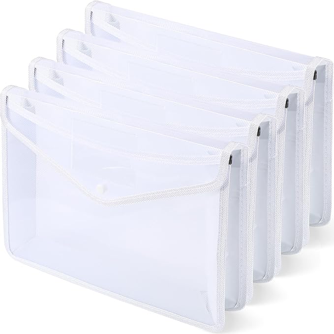 4 Pack A4 Expanding Plastic File Folders Waterproof Document Organizer with Snap Button Multiple Pockets, Office Home Office Storage (White)