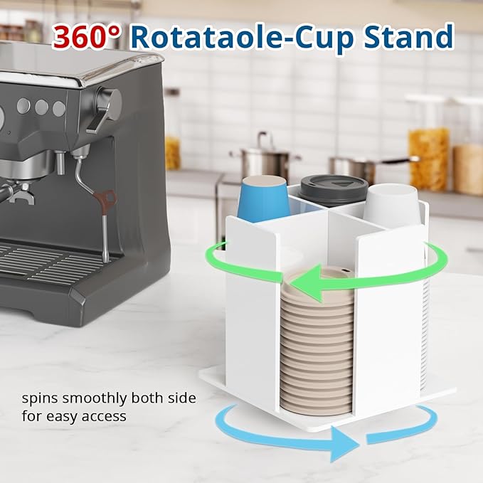 Cup and Lid Holder, 4 Compartment, Square | Rotating Coffee Cup Dispenser Lid Carousel for Restaurant, Buffet, Coffee Station, Bar, Countertop, White Acrylic-NeatNest